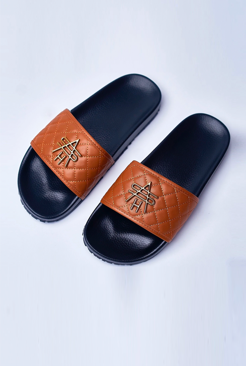 ASHLUXE Paradise Quilted Leather Slides-Brown